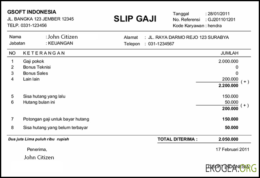 INDONÉSIE Modèle de fiche de paie GSOFT en Word aux formats PDF